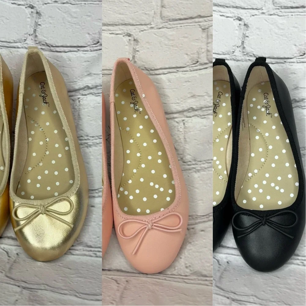 Lot‎ of 3 Cat & Jack Round Toe Bow Ballet Flats Girls Sz 13 Gold Pink Black GUC